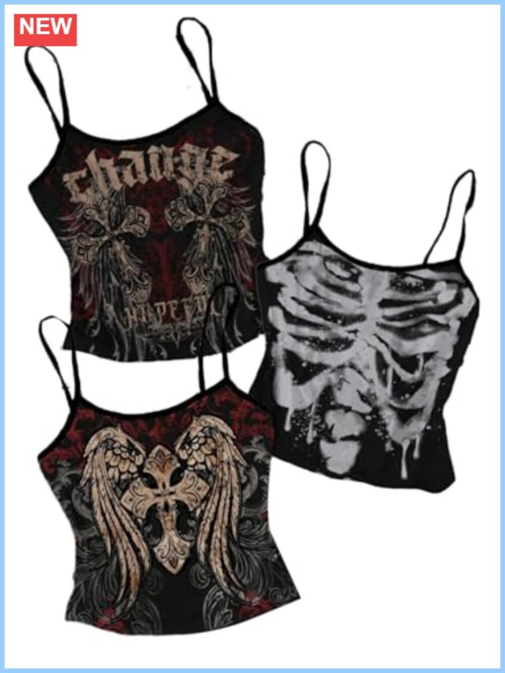 Y2K Goth Graphic Crop Tank 3 Pack Spaghetti Strap Slim Fit Grunge